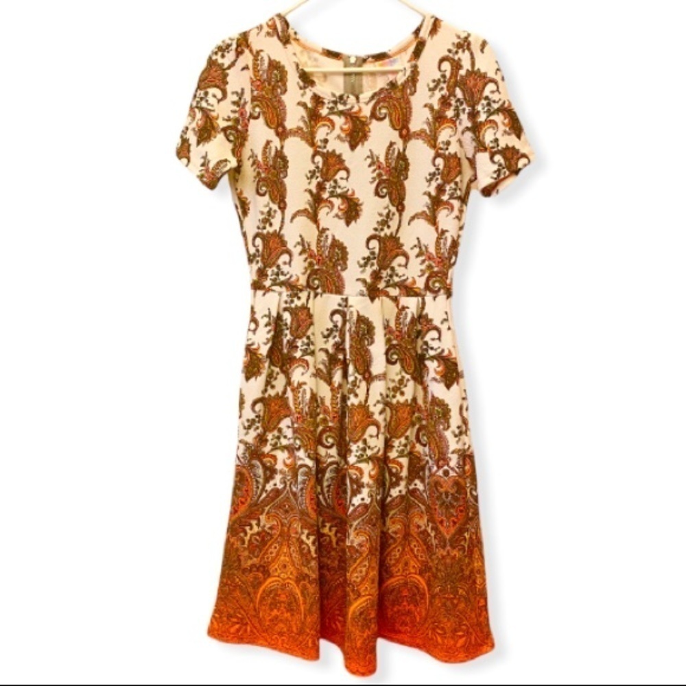 LULAROE Fit & Flare Dress, Paisley, Short Sleeve, Orange, Size Small, Stretch